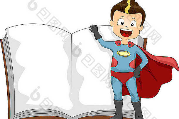 插图孩子穿着超级英雄站书