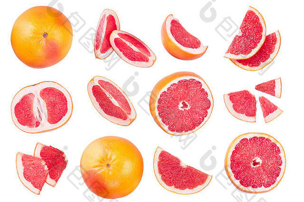 葡萄柚和叶子在白色背景上分离的切片。顶视图。平铺模式