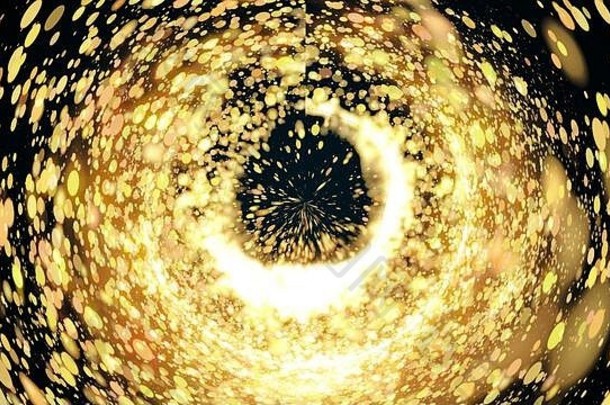 计算机生成的抽象背景。金色圆形粒子和光的混沌流形成了一个螺旋。三维渲染