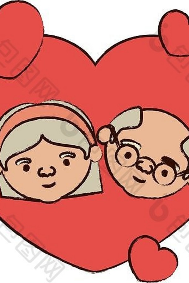 彩色心形贺卡，装饰着戴眼镜的秃顶祖父和蓄短发的祖母的漫画脸