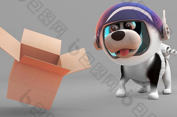 好奇的小狗狗宇航服发现空纸板盒子插图渲染