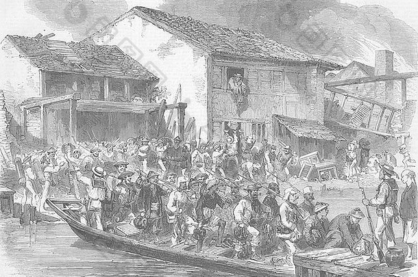 中国战争广东复仇者归来1858年。图文并茂的伦敦新闻