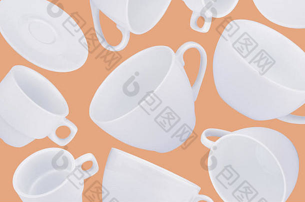 水平抽象图案，白色咖啡杯，奶油色背景