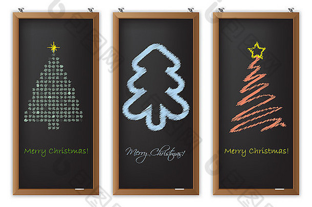圣诞标签一套三个，带有潦草的圣诞树形状