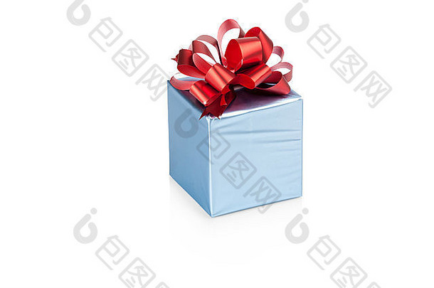 蓝色的礼物盒子红色的丝带孤立的白色背景