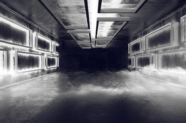 外星人科幻未来主义现代画廊空的垃圾混凝土白色发光的房间，有雾和烟，矩形，黑色背景3D渲染