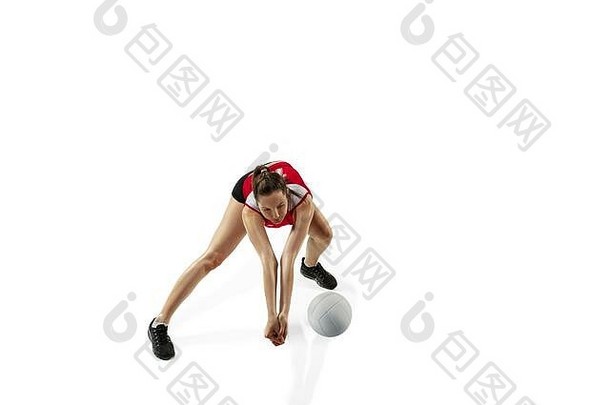 跳飞行年轻的女排球球员孤立的白色工作室背景女人运动<strong>服装</strong>运动鞋<strong>培训</strong>玩概念体育运动健康的生活方式运动运动