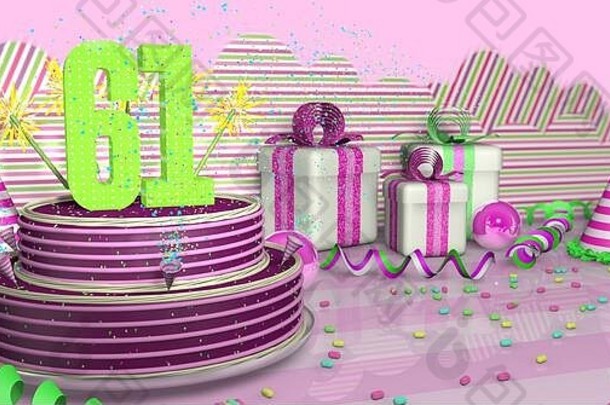 紫色的圆形61岁生日蛋糕，在明亮的桌子上装饰着五颜六色的火花和粉红色的线条，上面有绿色的彩带、派对帽和带别针的礼盒