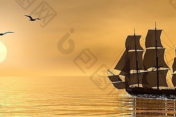 日落时分，海鸥旁边有一艘美丽的古老商船
