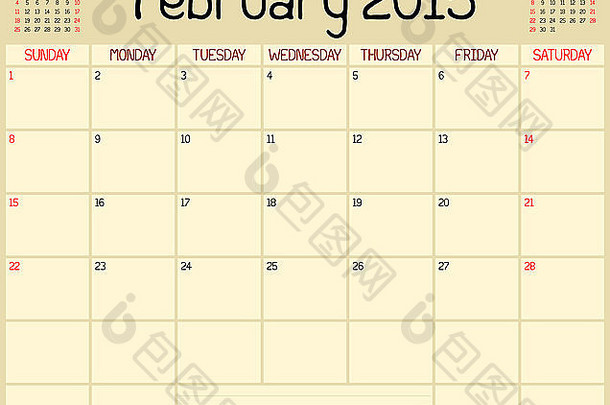 2015年2月的月度计划日历。使用自定义手写样式。