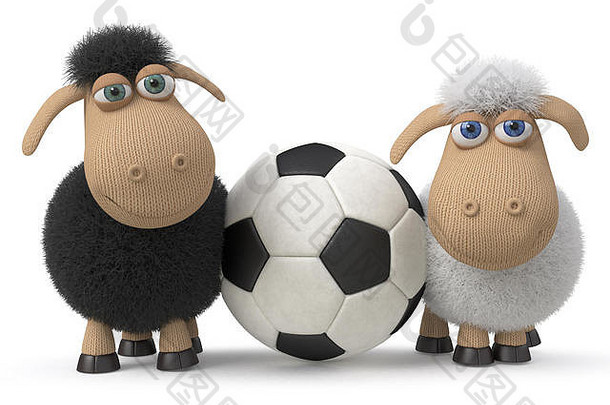 3d插图有趣的毛茸茸的绵羊做不同的事情/毛茸茸的农场动物自娱自乐