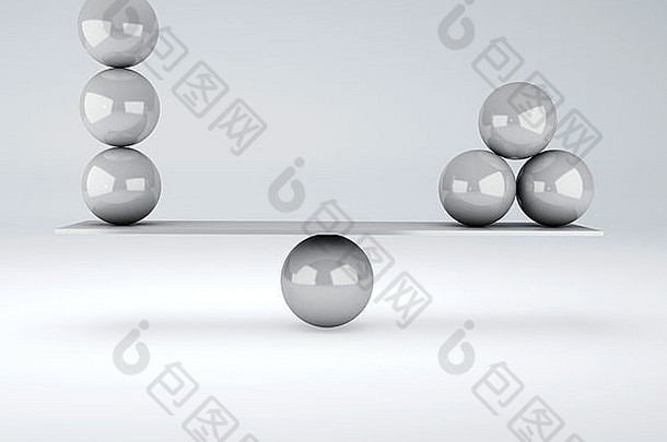 平衡状态下白色球体的图像。平衡概念。三维插图