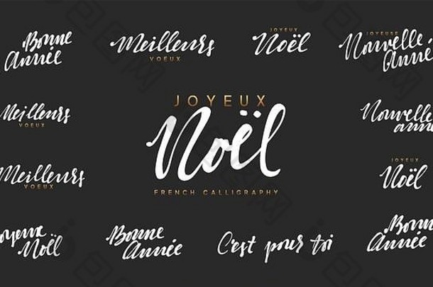 法文字母Joyeux noel、Meilleurs Voeux、Bonne annee。圣诞快乐，新年快乐，白色文字书法