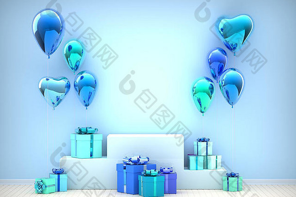 蓝色展厅内的模拟产品底座，配有蓝色光泽心形气球、生日礼物和庆祝礼品盒。广告空白