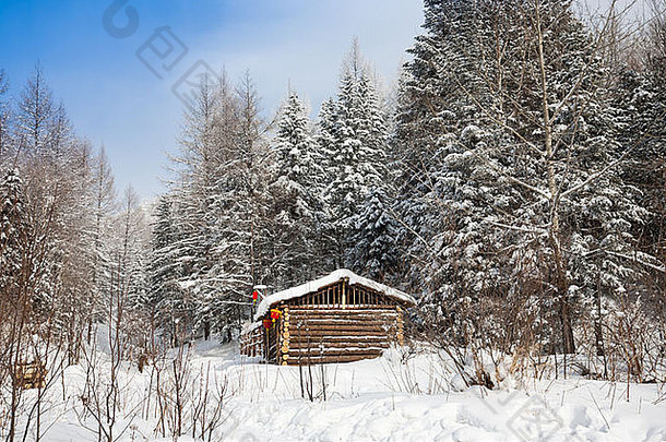 日志小屋冬天森林覆盖雪