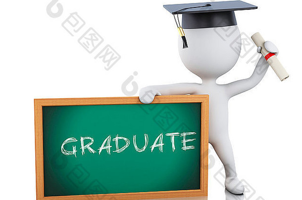 白人带着毕业证书、毕业帽和黑板毕业。孤立的白色背景。3d渲染器插图。