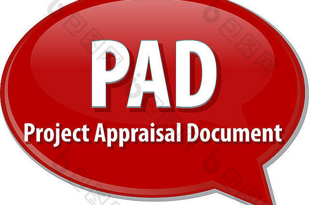 商业首字母缩略词term PAD项目评估文件的单词语音泡泡图