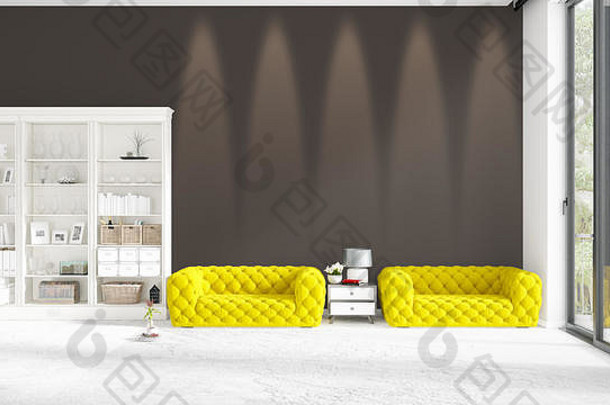场景品牌室内时尚白色架黄色的沙发上呈现水平安排