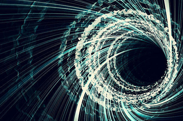 抽象黑色数字背景，带发光蓝色螺旋线的隧道，3d插图