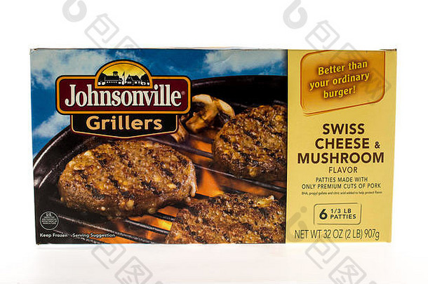 威斯康星州温尼康—2015年4月25日：瑞士奶酪和蘑菇风味的约翰逊维尔香肠肉饼包装。