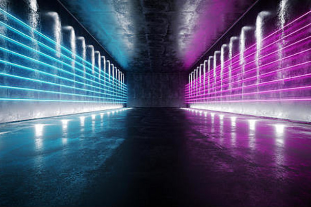 黑暗的科幻空旷的现代未来主义太空船<strong>隧道</strong>走廊，带有粗糙的反光混凝土纹理和紫粉<strong>蓝色</strong>冰霓虹灯发光线管