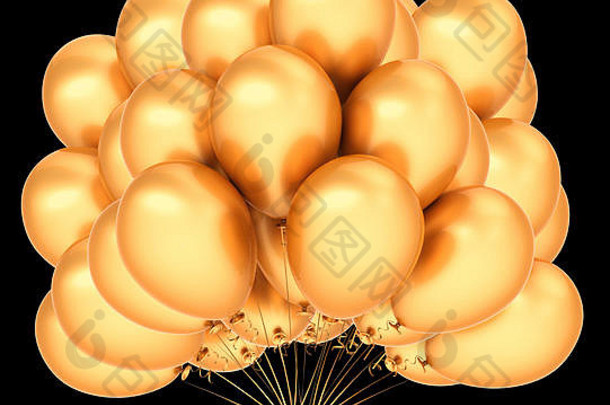 气球派对金色哑光。生日装饰豪华，氦气球束黄色。节日、周年庆典的象征。三维插图