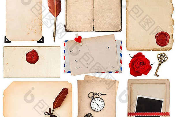 情书用纸。<strong>复古</strong>书页、卡片、照片、作品、白色背景上的花朵