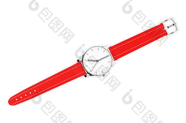 带未扣手镯的手表。白色表盘，带金属表壳和红色皮革表带