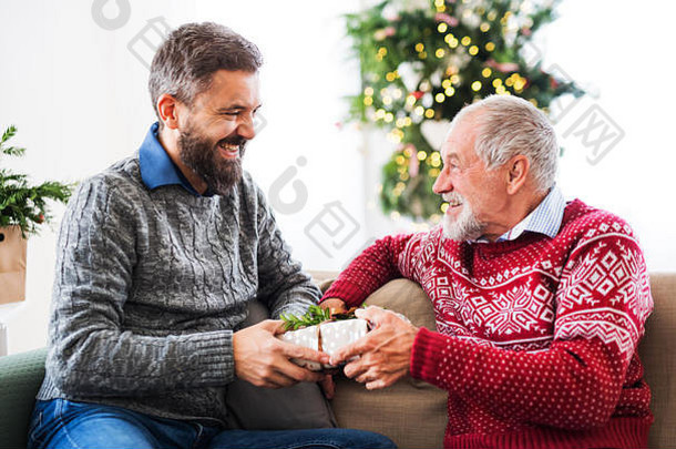 圣诞节时，一位年长的父亲和一位成年的儿子坐在沙发上，手里拿着一份礼物。