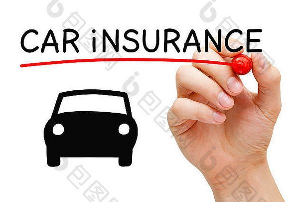 手绘汽车保险概念图，透明擦板上有标记。
