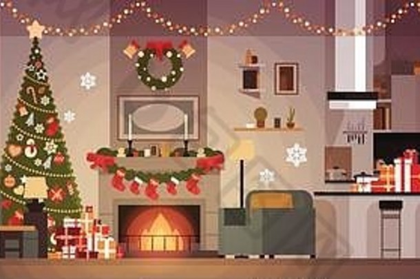 客厅装饰为圣诞节和新年横幅松树，壁炉和花环假日家居室内