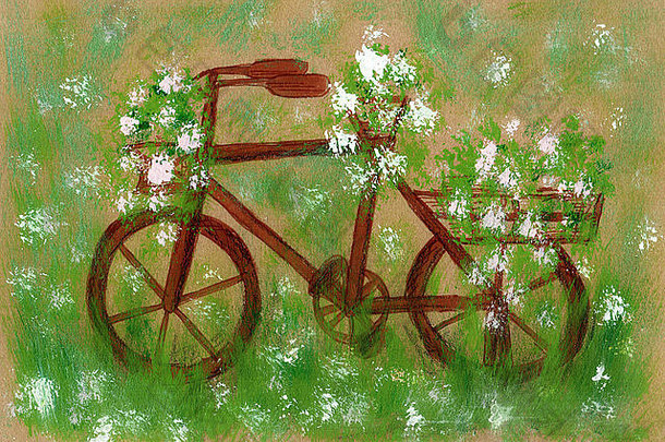 手画自行车生锈的杂草丛生的草