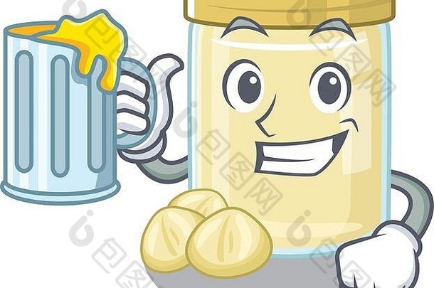 笑脸澳洲坚果黄油吉祥物设计，带有一个大玻璃杯