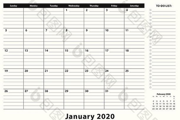2020<strong>年</strong>1月每月办公桌<strong>挂历</strong>。2020<strong>年</strong>1月日历计划器，带有待办事项列表和黑白设计的备忘位置。