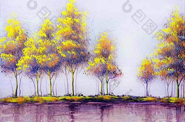 石油丙烯酰绘画景观色彩斑斓的黄色的红色的树手画印象派户外景观