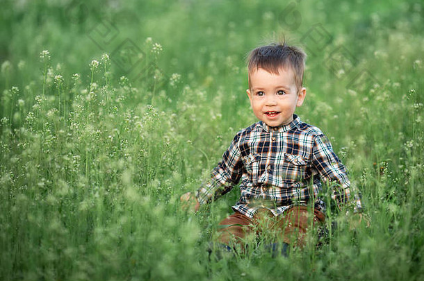 男孩坐着开花草地
