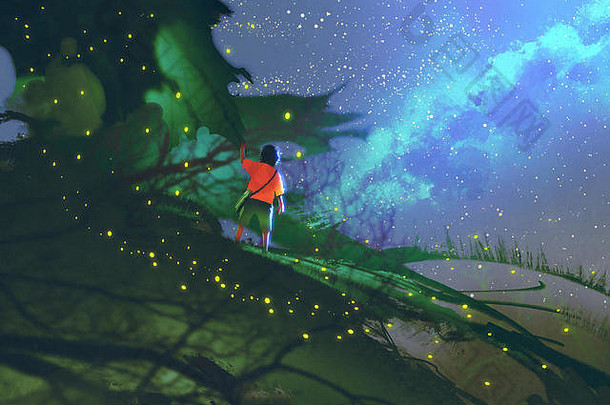 小男孩站在巨大的树叶上，看着夜空，画着插图