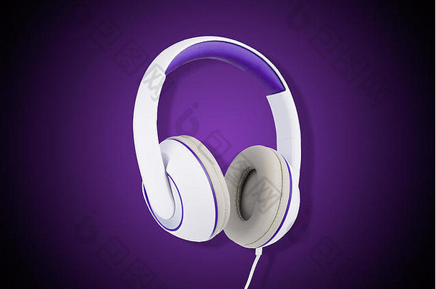 白色紫色的垫耳机孤立的紫色的背景