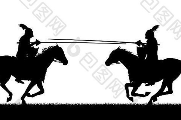 两名骑士骑马格斗的插图剪影