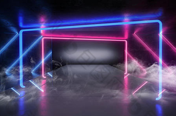 烟雾虚拟光泽现代未来科幻黑暗垃圾混凝土房间，在空反射舞台上有紫色和蓝色发光的激光霓虹管灯