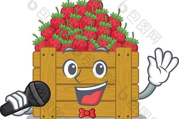 可爱的草莓水果盒用麦克风唱歌