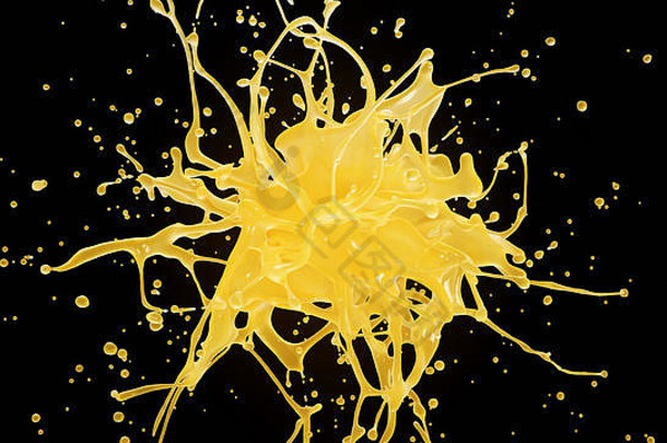 橙汁或葡萄柚汁以慢动作<strong>爆炸</strong>。水果液滴溅在黑色上的3D插图。4K黄色和橙色背景