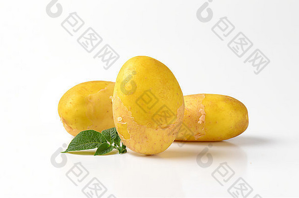 三个带白色背景叶子的小土豆