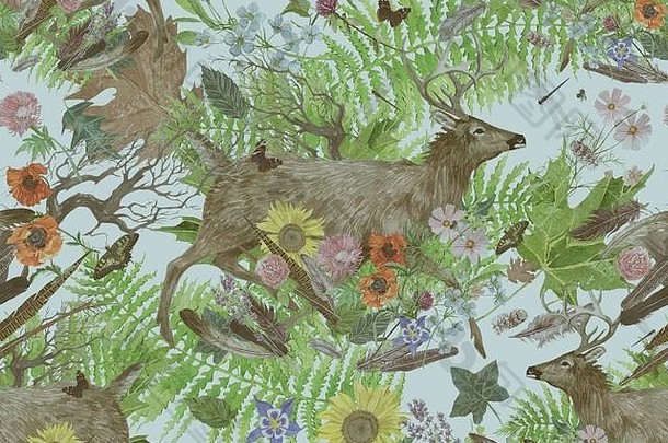 无缝水彩图案，带有鹿、花、羽毛、叶子。