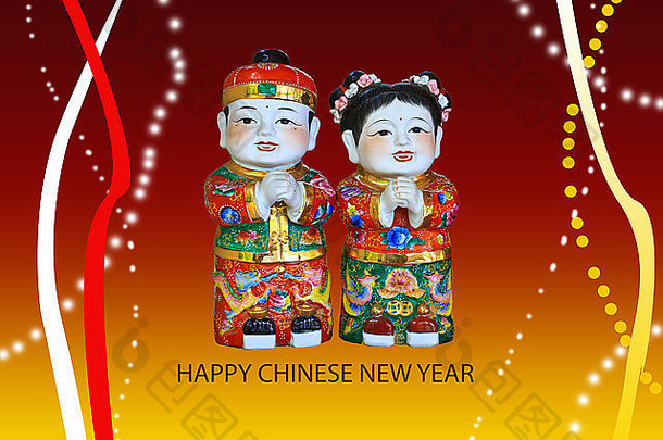 新年快乐背景下的中国娃娃