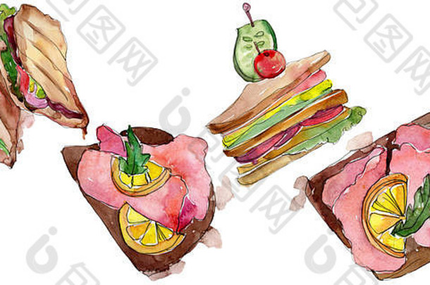 水彩画风格的三明治。白色背景上的水彩快餐插图元素。