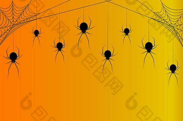 橙色背景上的蜘蛛网。万圣节的恐怖背景。