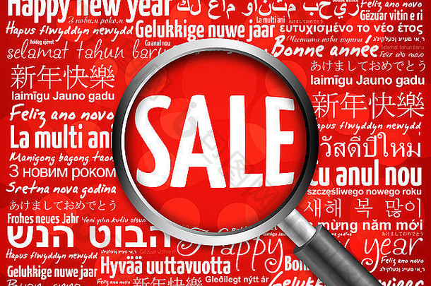 销售，不同语言的新年快乐红色背景，带放大镜的庆祝贺卡