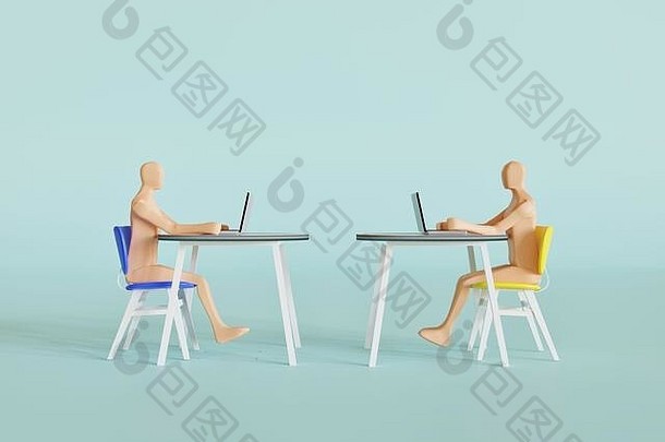 两名学生或合作伙伴与计算机合作极简主义概念-3d渲染