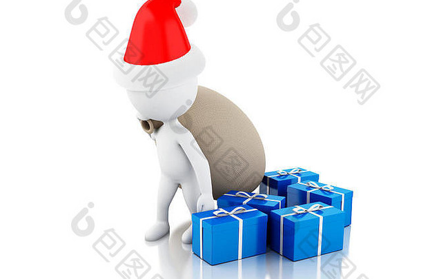 3d渲染器图像。圣诞老人带着包和礼物。圣诞节的概念。孤立的白色背景。
